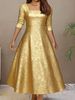 Women's Clothing Elegant Solid Color Jacquard Long Sleeve Square Neck Dress Fashion Plus Size Loose Fit Gold Velvet_ecoleips.com