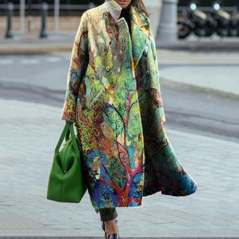 Women's Long Sleeved Printed Coat Lapel Jacket Autumn European American Style Plus Size Clothes_ecoleips.com