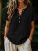 Women's Casual Solid Color Cotton Linen Blend Short Sleeve Top V Neck Button Down Half Open T-Shirt_ecoleips.com