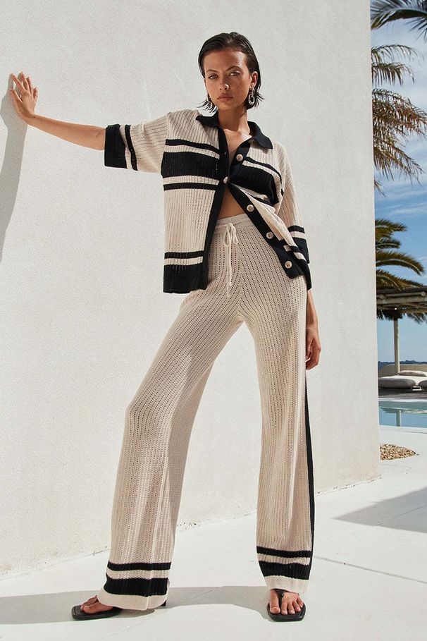 Women's Clothing Summer New Women's Clothing Fashion Hollow Striped Shirt Trousers Suit Knitted Two Piece Suit_ecoleips.com