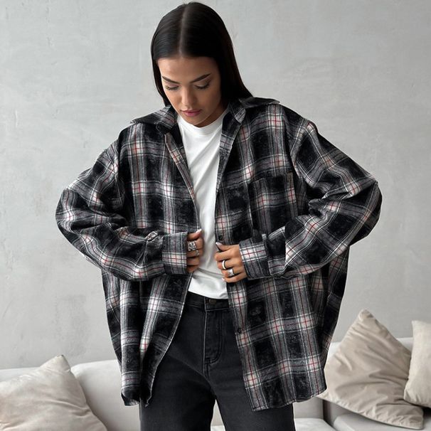 Retro Plaid Casual All-Matching Shirt Autumn And Winter Niche Plaid Loose Minimalist Long Sleeve Shirt_ecoleips.com