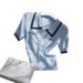Women's Blue Collared Short Sleeved T-Shirt Color Block Knit Top Elegant Summer_ecoleips.com