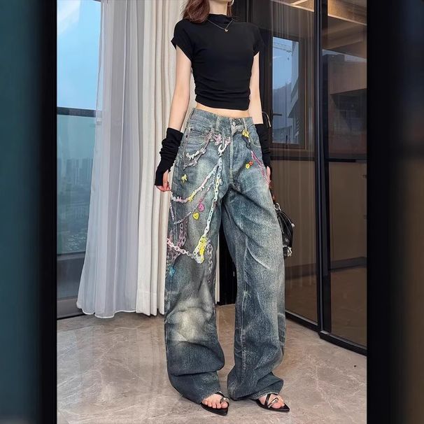 Men's American Retro Hip Hop Jeans - High Street Punk Style, Chain Print & Heavy Duty_ecoleips.com
