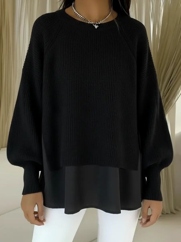 Autumn/Winter Solid-Color Casual Round-Neck Sweater With Chiffon Hem And Lantern Sleeves_ecoleips.com
