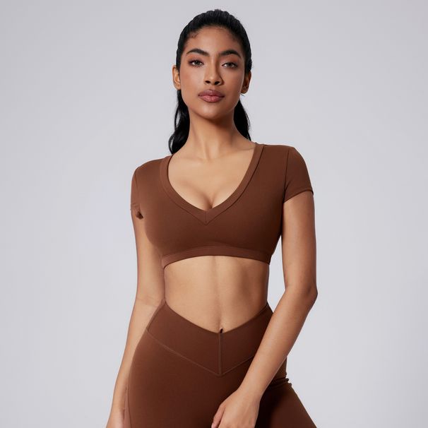 Women's Clothing Sanded Tight Short T Shirt Deep V Shape Back Hollow Sexy Short Waist Sports Short Sleeve_ecoleips.com