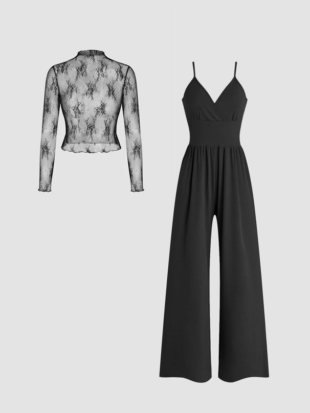 European And American Cross-Border Trade Spring Summer Lace Long Sleeve Camisole Slim Fit Jumpsuit V-Neck Wide-Leg Set_ecoleips.com