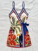 Tropical V Neck Suspender Dress European American Style Summer Vacation Fashionable Color Block Trim a Line Mini Skirt Polyester_ecoleips.com