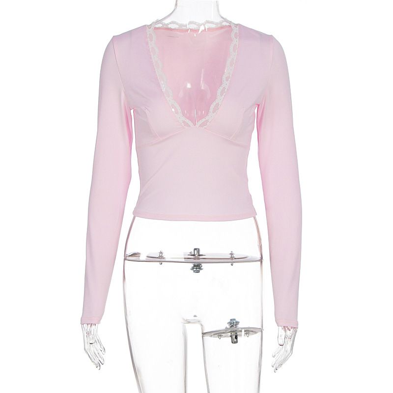 Fashion Sexy Solid Color V Neck Lace Trim Long Sleeve Slim Fit Women Casual Daily Party Vacation Dress_ecoleips.com