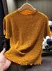 Women's Clothing Retro Auspicious Cloud Embossed Pleated Tops Wooden Ear Edge Round Neck Short Sleeves For Commuting All Match T Shirt_ecoleips.com