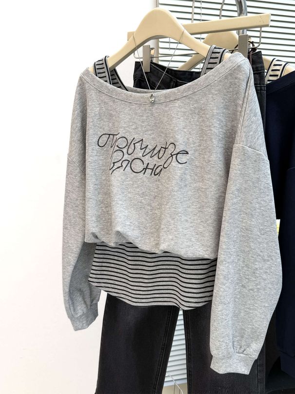 American-style Two-piece Striped Patchwork Long-sleeve Sweatshirt For Women, Autumn Loose-fit Korean Version With_ecoleips.com