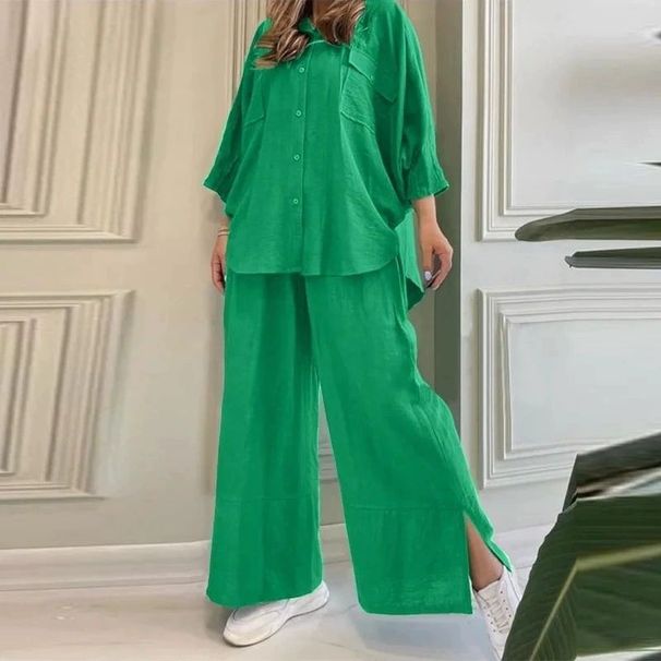 Women's Clothing European And American Style Women's Two Piece Set Long Sleeved Shirt Solid Color Wide Leg Pants_ecoleips.com