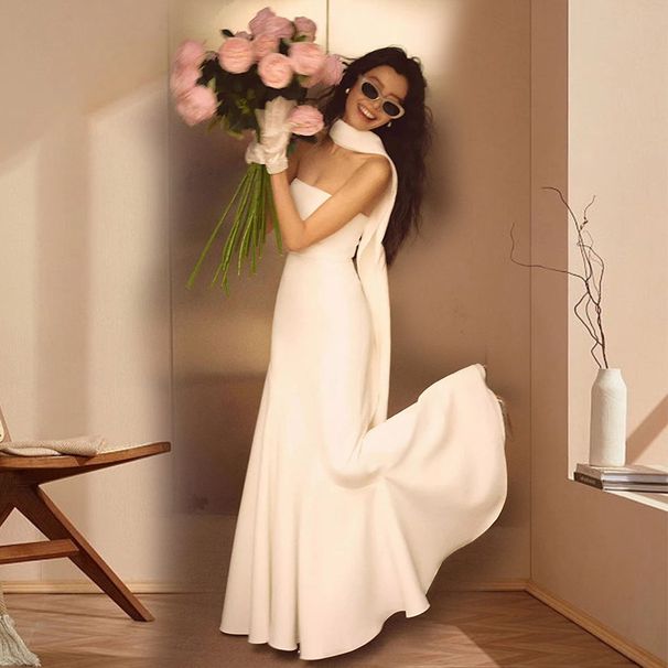 Women's Clothing White Satin Tube Top Fishtail Light Wedding Dress Simple Going Out Welcoming Dress New Host Evening Dress_ecoleips.com