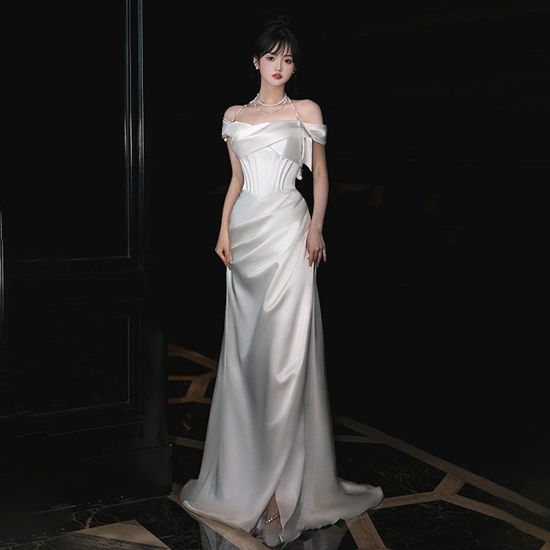 Elegant French Style Bridal Gown off the Shoulder Toast Dress Engagement Evening Banquet Women's Party Wear_ecoleips.com