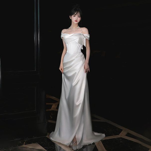 Elegant French Style Bridal Gown off the Shoulder Toast Dress Engagement Evening Banquet Women's Party Wear_ecoleips.com