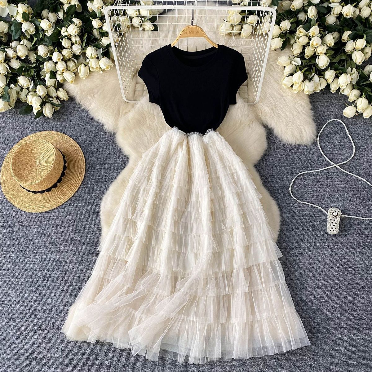 Women's European American Style Light Luxury Dress Mesh Splicing Design Slimming Waist Super Fairy Long Skirt For Summer_ecoleips.com