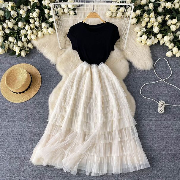 Women's European American Style Light Luxury Dress Mesh Splicing Design Slimming Waist Super Fairy Long Skirt For Summer_ecoleips.com