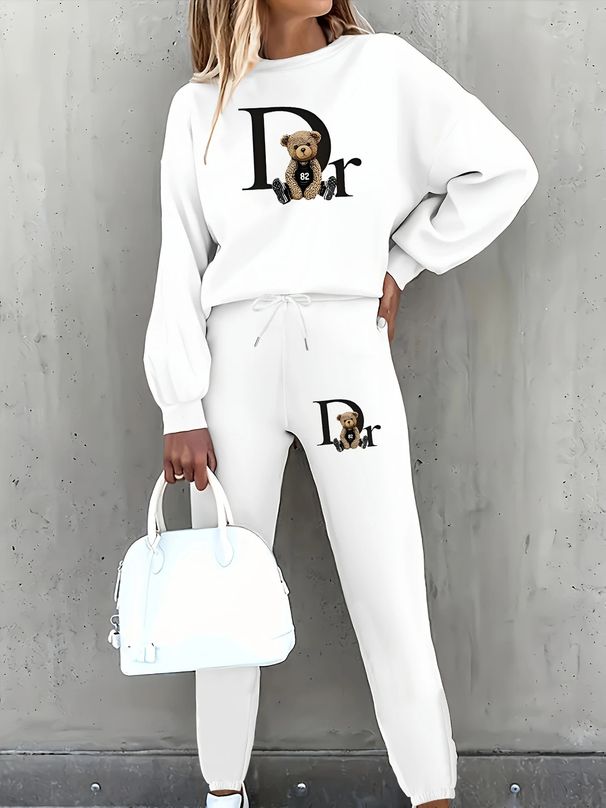 Women's Printed Two Piece Tracksuit, Long Sleeve Pullover Top And Drawstring Waist Pants, Casual Sportswear For Spring And Fall_ecoleips.com