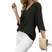 2026 Women's Solid Color V-Neck Slit Three-Quarter Sleeve Chiffon Shirt Loose Commuter Casual Top T_ecoleips.com