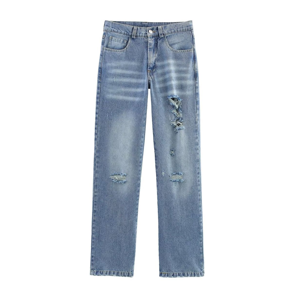Women's Distressed Denim Jacket & Straight-Leg Jeans Set - Edgy Sleeveless Polyester Blend Top With Mid-Rise Casual Pants - XS/S/M/L_ecoleips.com