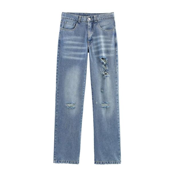 Women's Distressed Denim Jacket & Straight-Leg Jeans Set - Edgy Sleeveless Polyester Blend Top With Mid-Rise Casual Pants - XS/S/M/L_ecoleips.com