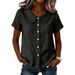 Women's Solid Color Peter Pan Collar Shirt Casual Loose Fit Cotton Linen Blend Short Sleeve Top For Summer_ecoleips.com
