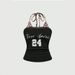 Black Halter Neck Floral Print Vest Slim Fit Tie up Backless Design Retro Style Unique Top for Women_ecoleips.com