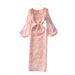 Women's French Style Puff Sleeve Dress Purple Rhinestone Embellished Slim Fit Elegant Lace Slit Dress Sophisticated Spring/Autumn_ecoleips.com
