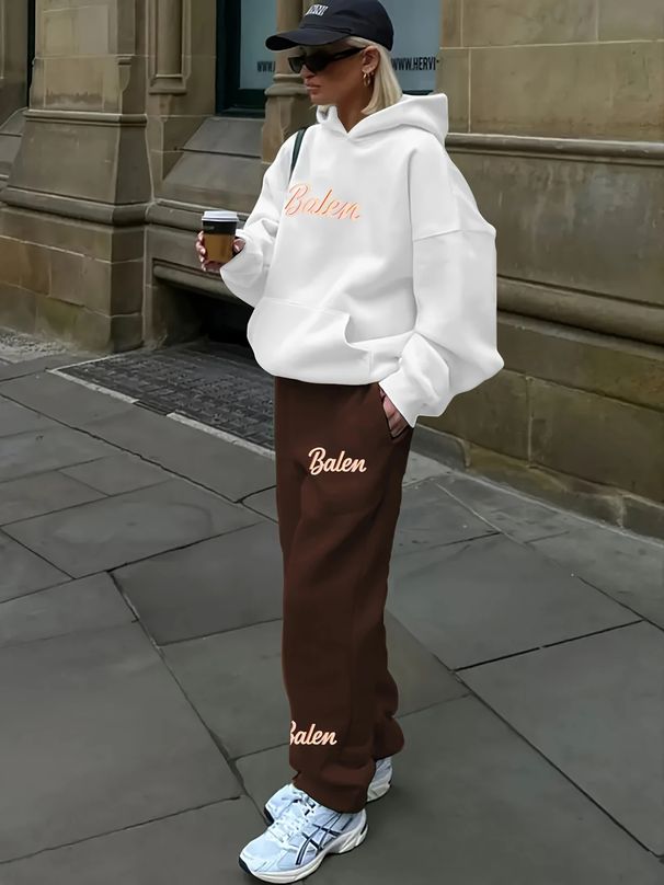 Women's Letter Print Hoodie Set, Long Sleeve Pullover Sweatshirt And Elastic Waist Pants_ecoleips.com
