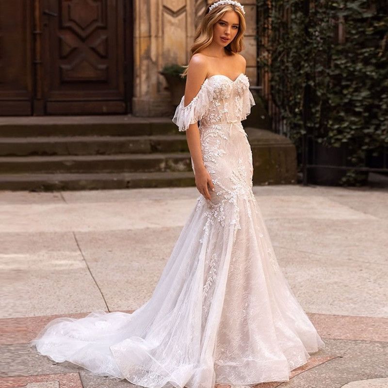 Women's Clothing Summer New One Shoulder Wedding Dress Fishtail Lace Trailing Wedding Dress_ecoleips.com
