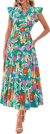 European And American Foreign Trade Cross Border Women's Clothing Hot Sale V Neck Pleated Flying Sleeves Printed Mid Length Dress_ecoleips.com