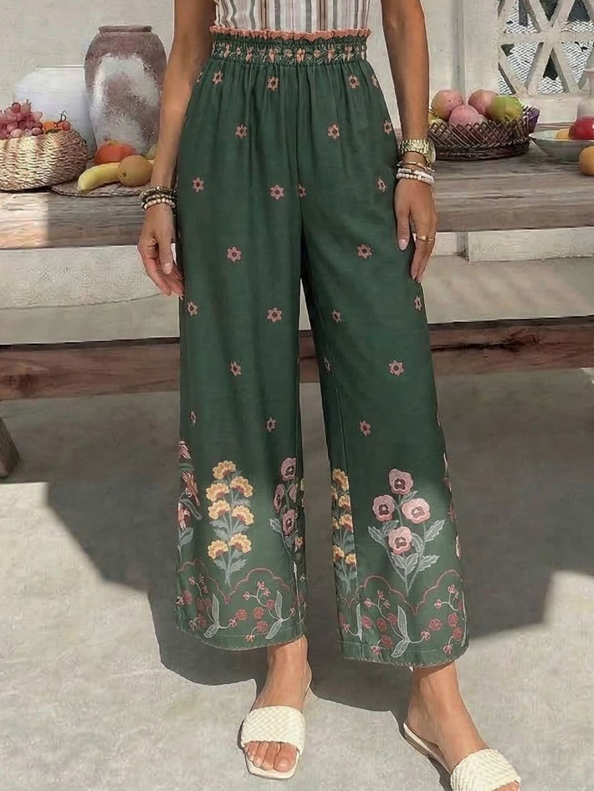 Holiday Style Women's Wide-leg Pants, Loose And Skin-friendly And Comfortable, Floral Pattern, Elastic Waist, Traveling Daily Commuting Party_ecoleips.com