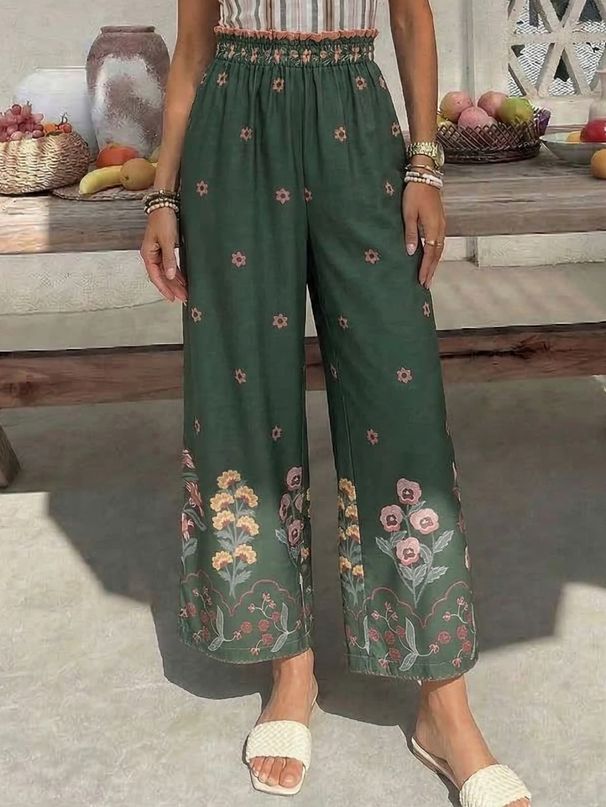 Holiday Style Women's Wide-leg Pants, Loose And Skin-friendly And Comfortable, Floral Pattern, Elastic Waist, Traveling Daily Commuting Party_ecoleips.com