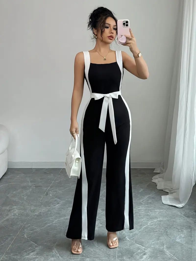 Women's Clothing Summer Style Color Block Jumpsuit For Women Black White Romper Casual Streetwear For Formal & Casual For Women_ecoleips.com