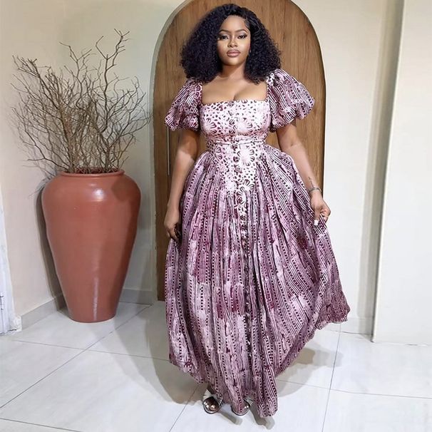 European And American Women's Clothing 2025 Summer New Fashion Square Neck Printed Puff Sleeve High Waist Dress_ecoleips.com