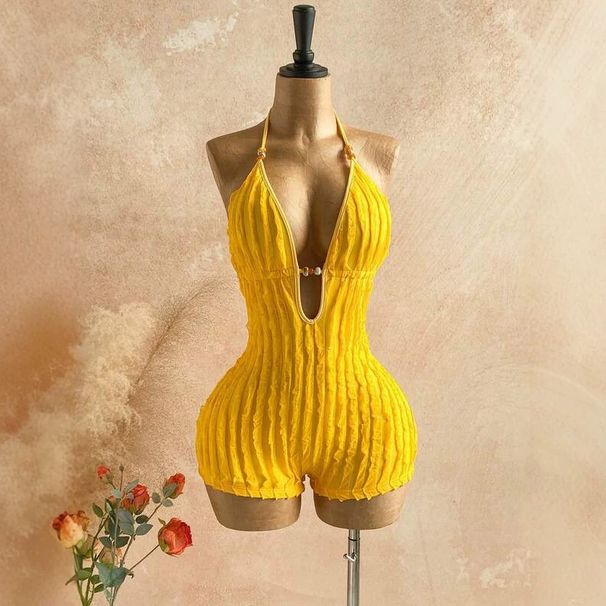 Women's Hollow Back One-Piece Swimsuit - Sexy Deep V Neck Crinkle Texture Monokini With Halter Neck For Beach Vacation_ecoleips.com