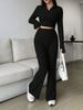 Fashion Solid Color Ribbed Two-Piece Zipper Long Sleeve Short Top And High Waist Flared Pants Set Women's Casual_ecoleips.com