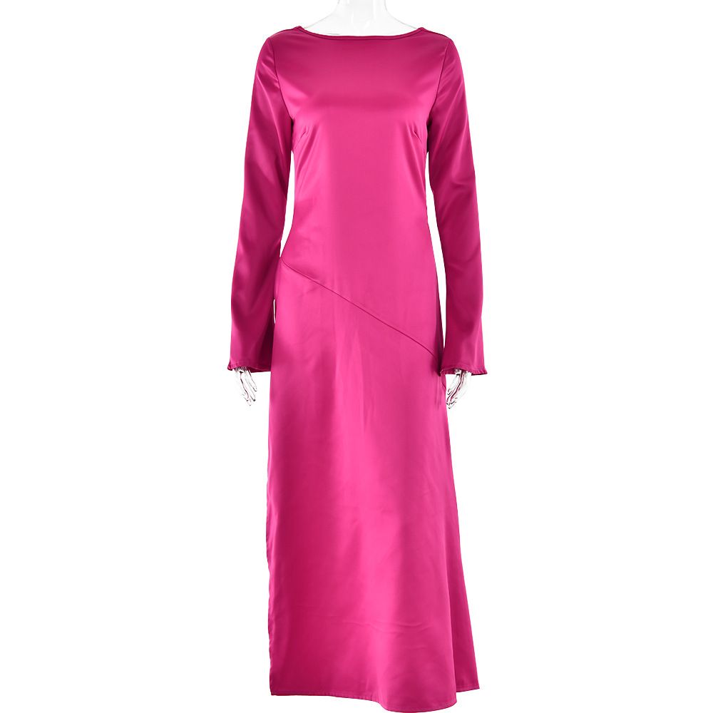 Women Stylish Trend‑Forward Evening Gown With Long Sleeves, Luxe Satin Patchwork, Open‑Back Design & High‑Slit Hem_ecoleips.com