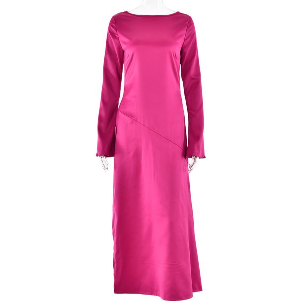Women Stylish Trend‑Forward Evening Gown With Long Sleeves, Luxe Satin Patchwork, Open‑Back Design & High‑Slit Hem_ecoleips.com