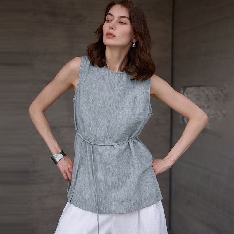 Pure Linen Women's Vest mid Length round Neck Yarn Dyed Camisole High End Old Money Style Summer Tie Waist Loose Sleeveless Top_ecoleips.com