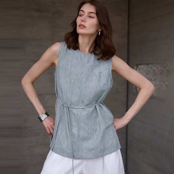 Pure Linen Women's Vest mid Length round Neck Yarn Dyed Camisole High End Old Money Style Summer Tie Waist Loose Sleeveless Top_ecoleips.com