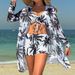 Women's Sexy Coconut Print Bikini Set - Strappy Triangle Bralette & High-Waist Swim Shorts With Sheer Cover-Up (3-Piece)"_ecoleips.com