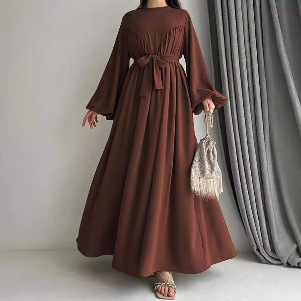 Women's Clothing Muslim Solid Color Temperament Long Belt Fashion Dress_ecoleips.com