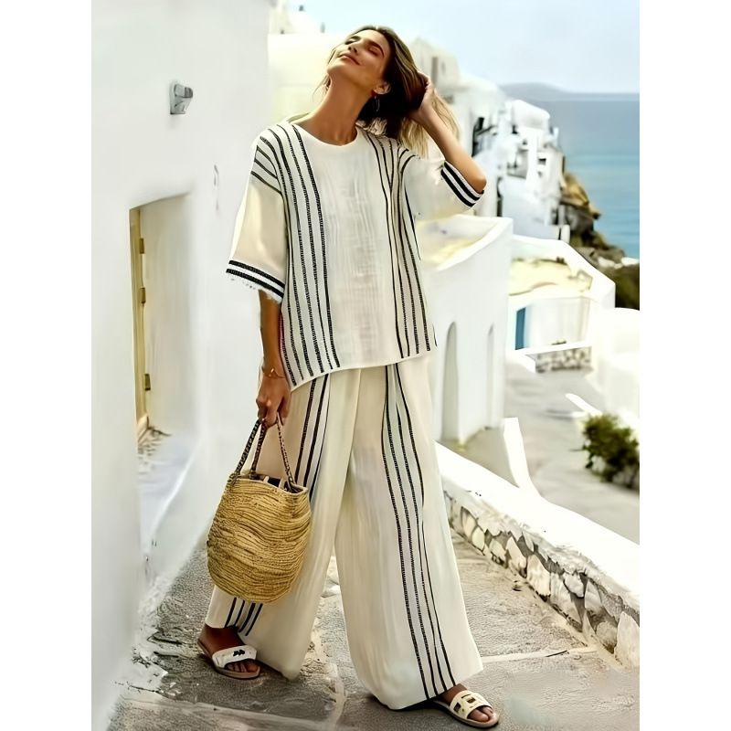 Women's Striped Two Piece Set European American Style Casual Loose Fit Summer Vacation Wide Leg Pants Fashion Cross Border_ecoleips.com