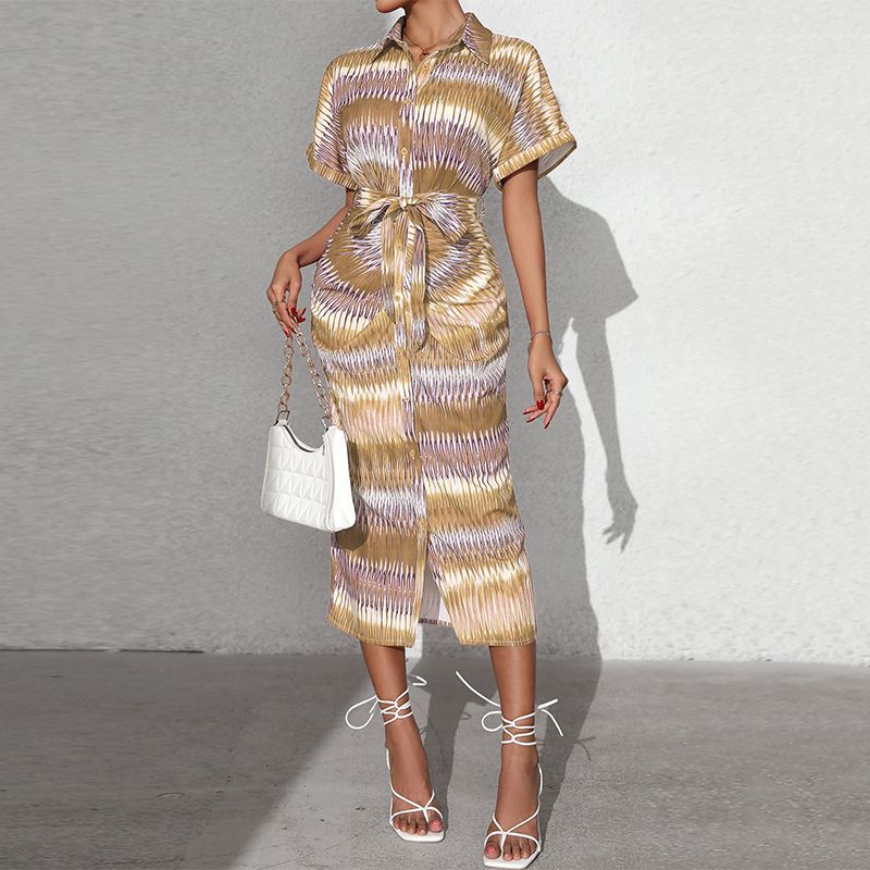 Women's Striped Belted Shirt Dress Summer Wrap Style Long Dress with Tie Waist for Office And Casual Wear_ecoleips.com