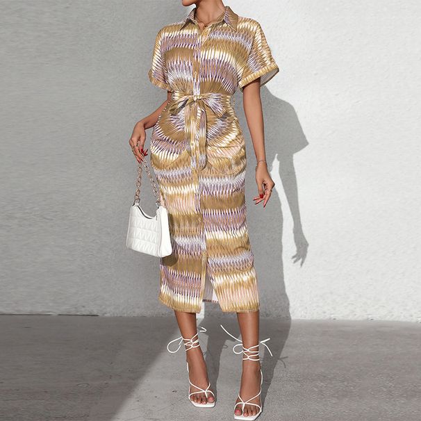 Women's Striped Belted Shirt Dress Summer Wrap Style Long Dress with Tie Waist for Office And Casual Wear_ecoleips.com