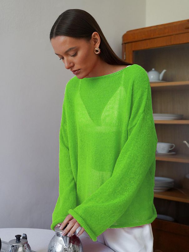 Breathable Lace Knit Top For Women - Oversized Round Neck Flared Sleeve Lightweight T-Shirt Trendy Fashion_ecoleips.com