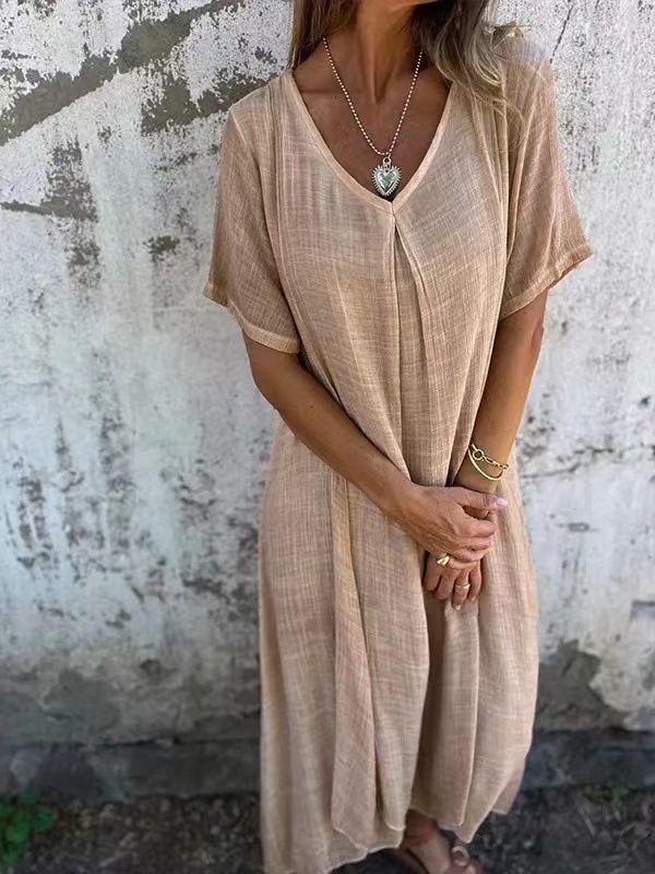 New Arrival Women's Cotton Linen V Neck Semi Formal Dress Style Independent Store Fashion_ecoleips.com