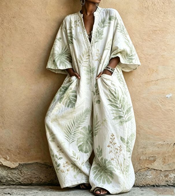 Bohemian Retro Ethnic Style Wide Leg Jumpsuit for Women with Pockets Long Robe Foreign Trade Fashion_ecoleips.com