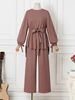 H730 Muslim Women's Solid Color Drawstring Tie Two-Piece Set Round Neck Top Wide-Leg Pants Elegant Ladies Suit_ecoleips.com