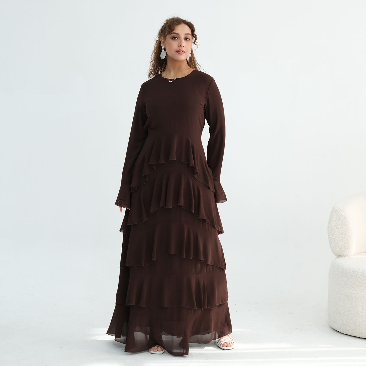 Voya Women's Tiered Maxi Dress Long Sleeve Crew Neck Ruffle Dress In Premium Pearl Chiffon Elegant Evening Party Wear, Flared Skirt, Formal Occasion Gown_ecoleips.com